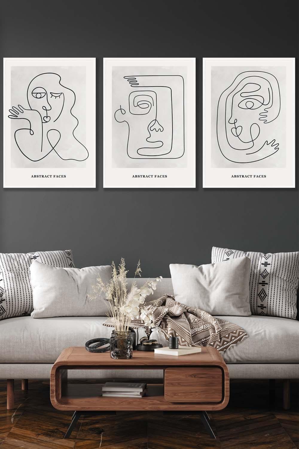 Set of 3 White Framed Grey Abstract Line Art Faces Wall Art